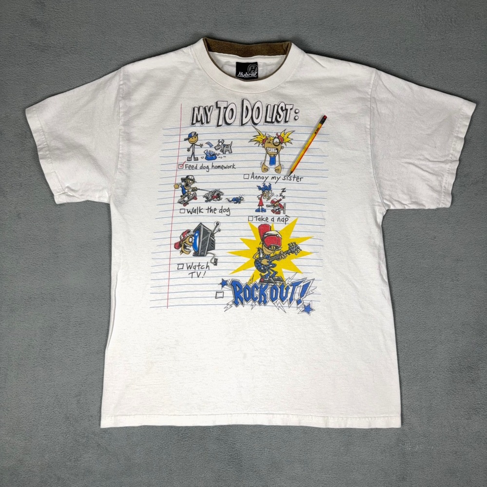Y2K My To Do List Rock Out Graphic T Shirt‎ S Hybrid Tees Cartoon Humor Notebook